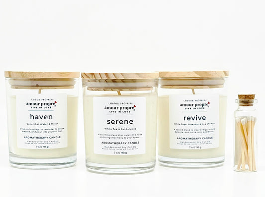 Amour Propre Aromatherapy Collection Trio - Serene, Haven, Revive Soy Candles