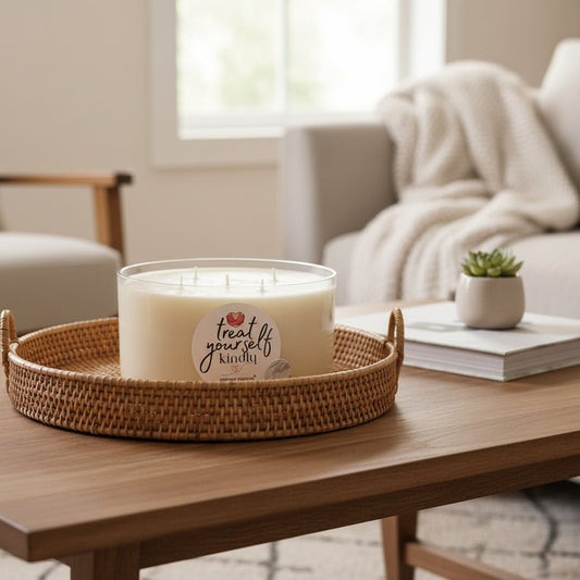 A white 5-wick soy wax candle with a label that reads 'Treat Yourself Kindly' on top, set in a clear glass container.