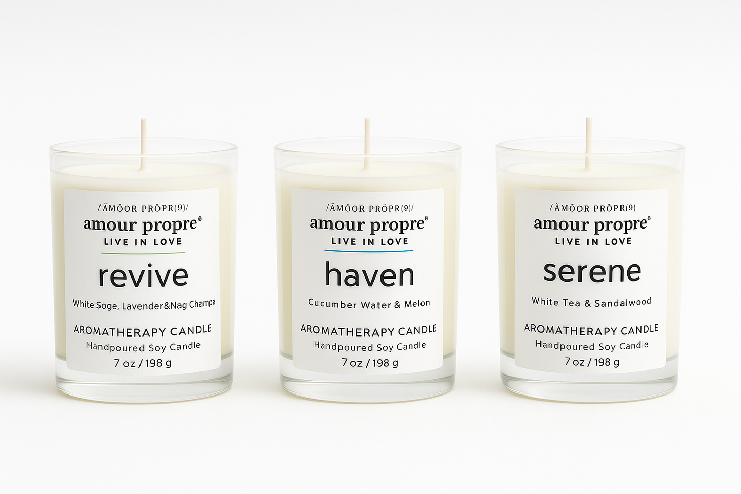 Amour Propre Aromatherapy Collection Trio - Serene, Haven, Revive Soy Candles