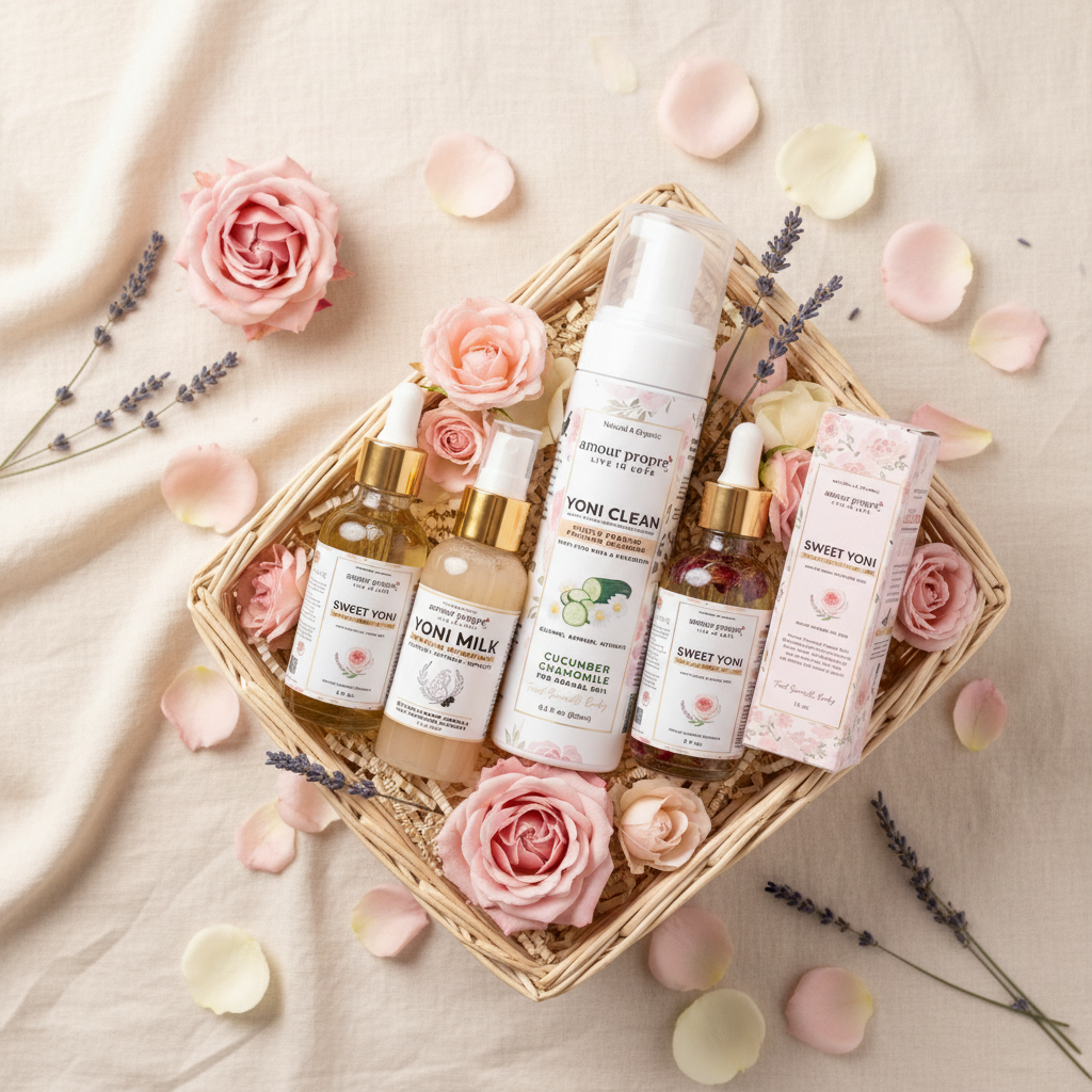 Set of skincare products on a wooden surface with a pink background
