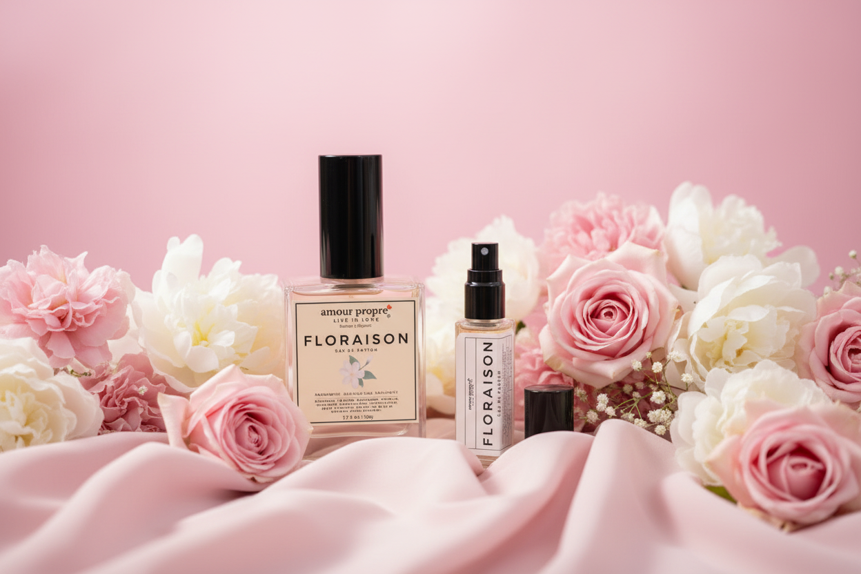 Floral-themed products with 'FLORALISATION' branding on a pink background