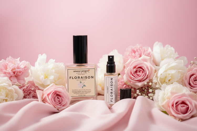 Floral-themed products with 'FLORALISATION' branding on a pink background