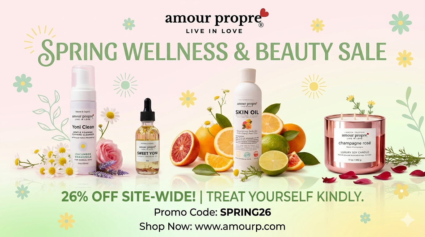 Load video: Amour Propre website hero banner showcasing Sweet Yoni Oil and Yoni Clean feminine wash with founder Tahera Rene Christy – Black-owned clean beauty for all women.
