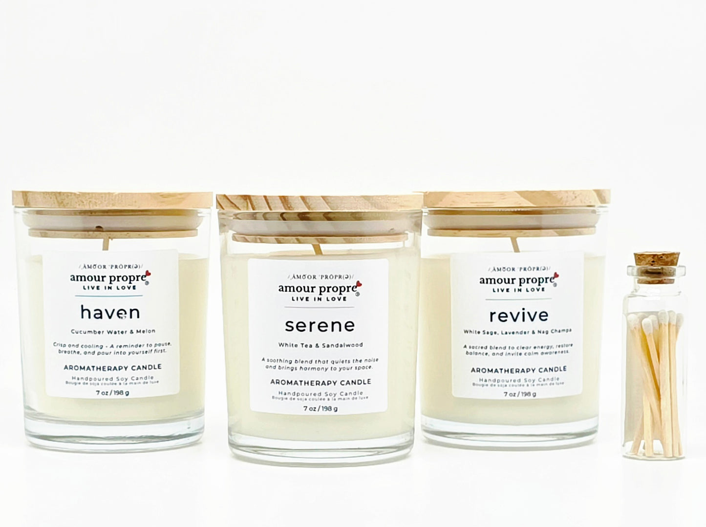 Amour Propre Aromatherapy Collection Trio - Serene, Haven, Revive Soy Candles