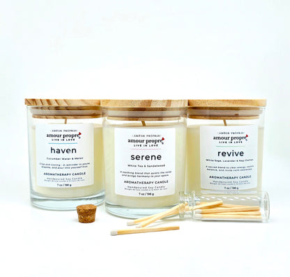 Amour Propre Aromatherapy Collection Trio - Serene, Haven, Revive Soy Candles