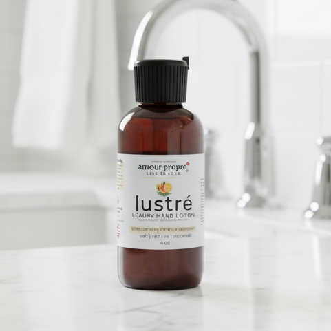 Amour Propre Lustré Luxury Hand Lotion bottle on a bathroom counter