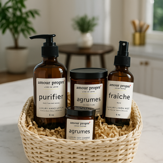 Amour Propre® LUX COLLECTION - Citrus and Rosemary Hand Soap, Hand Lotion, Soy Candle & Room Mist