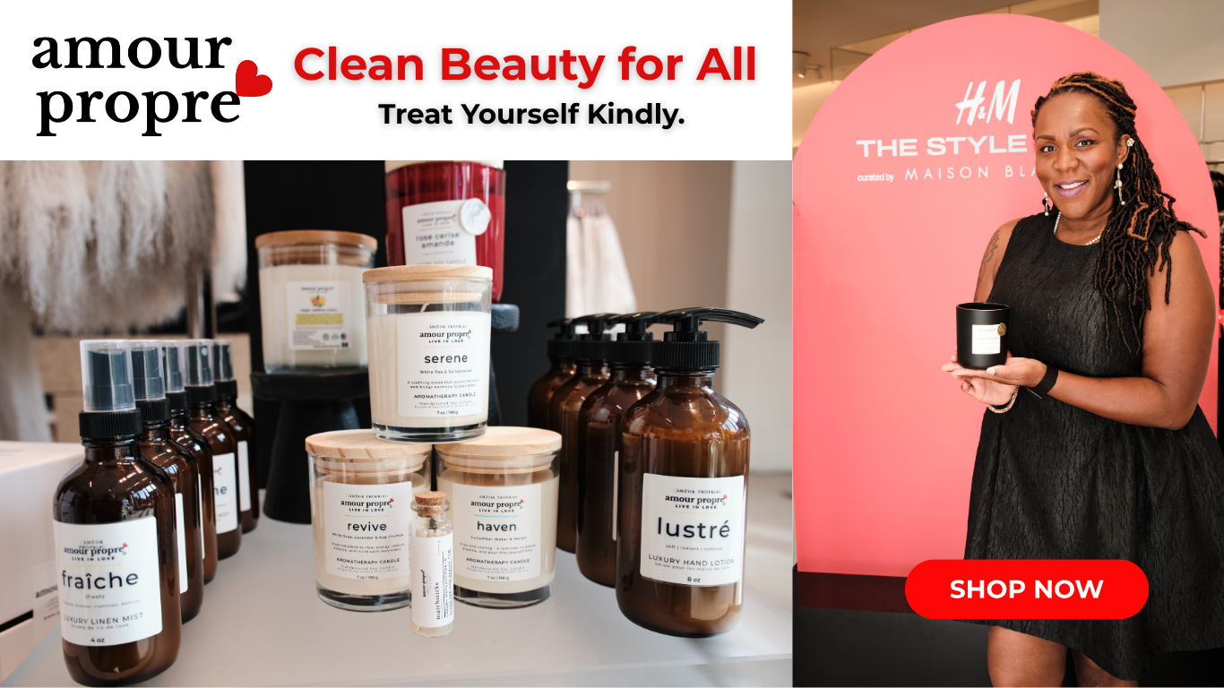 Load video: Amour Propre website hero banner showcasing Sweet Yoni Oil and Yoni Clean feminine wash with founder Tahera Rene Christy – Black-owned clean beauty for all women.