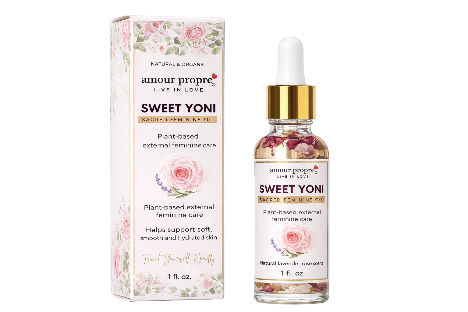 Sweet Yoni product packaging with dropper bottle and box on a white background