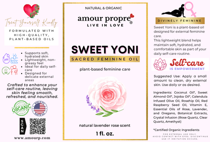Amour Propre Sweet Yoni Sacred Feminine Care product label with branding and product details.