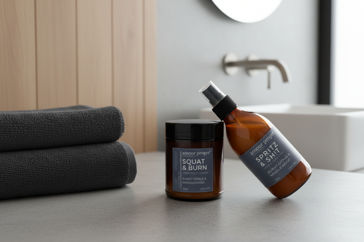 Two brown bottles of King's Throne Toiletries products, one labeled as 'Squat and Burn Candle' and the other as 'Spritz & Sh!t Bathroom Spray FOR HIM'. Both bottles are placed on a white surface against a white background.