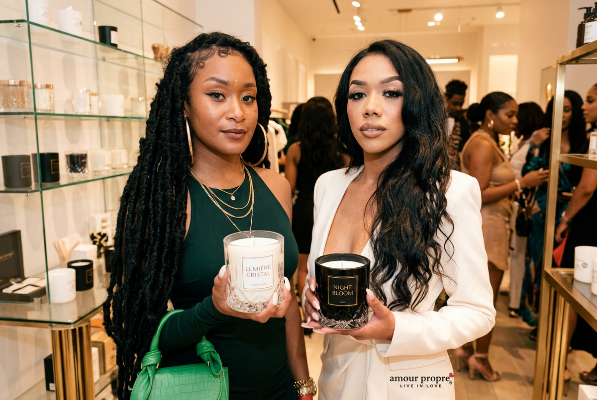 Two women posing indoors at what appears to be a brand event or launch, each holding a white candle. The woman on the left wears a black dress and green handbag, while the woman on the right wears a white blazer.