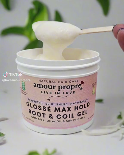 Glossé Max Hold Root & Coil Gel
with Aloe, Olive Oil & Silk Proteins