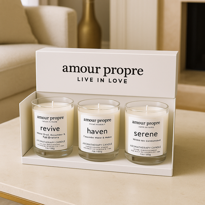 Amour Propre Aromatherapy Collection Trio - Serene, Haven, Revive Soy Candles