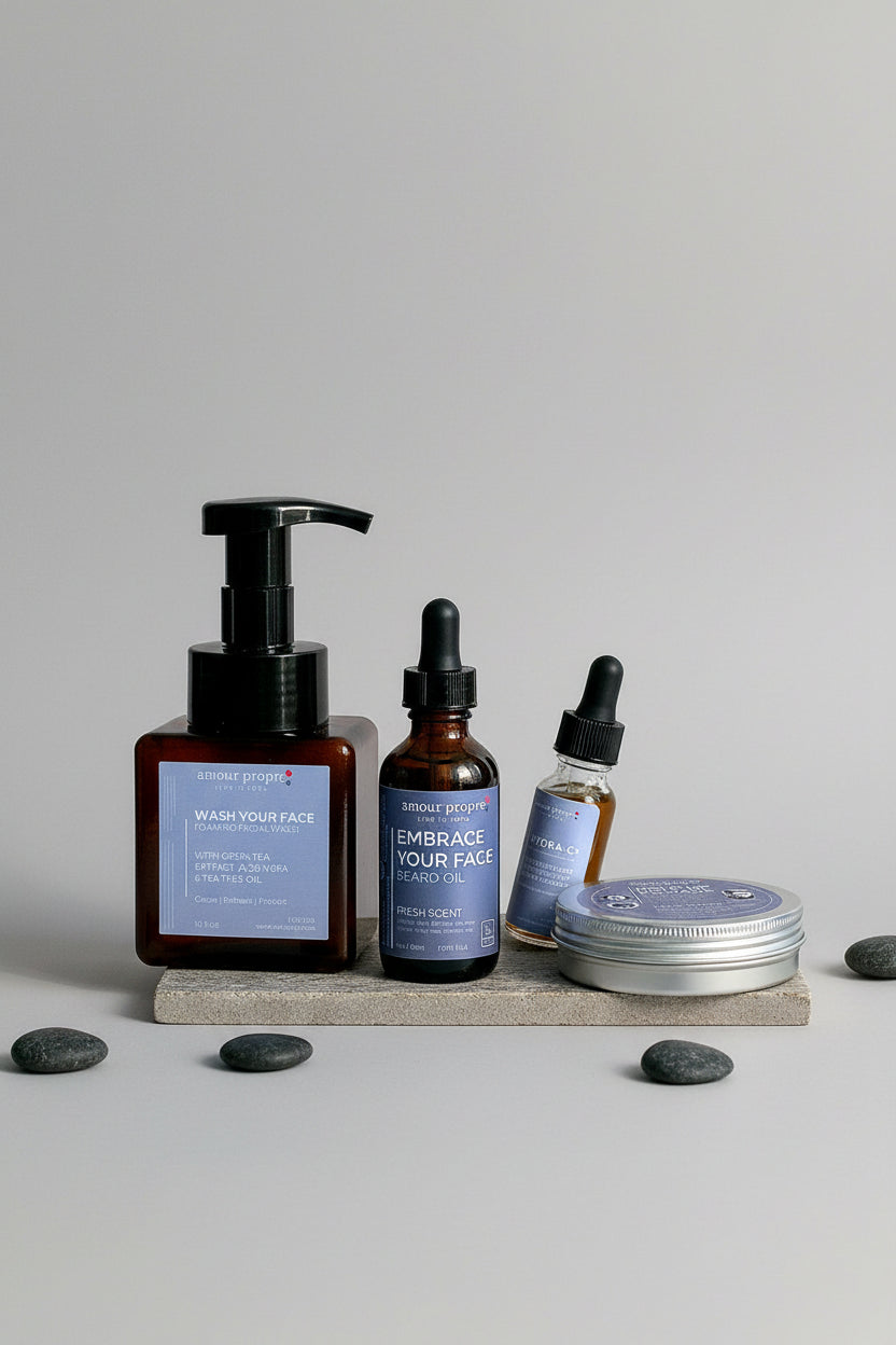 Amour Propre grooming products in a box with visible branding.