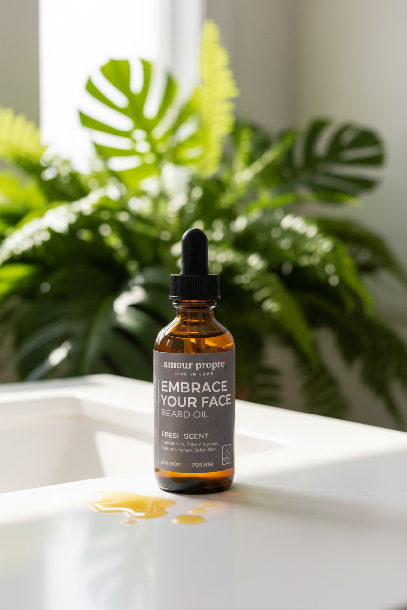 Amour Propre beard oil bottle on a white background