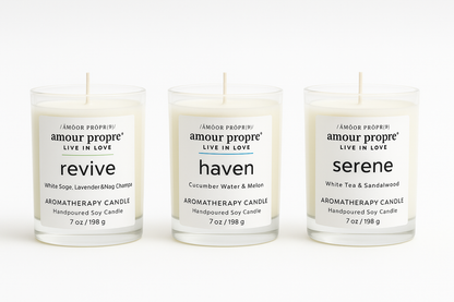 Amour Propre Aromatherapy Collection Trio - Serene, Haven, Revive Soy Candles
