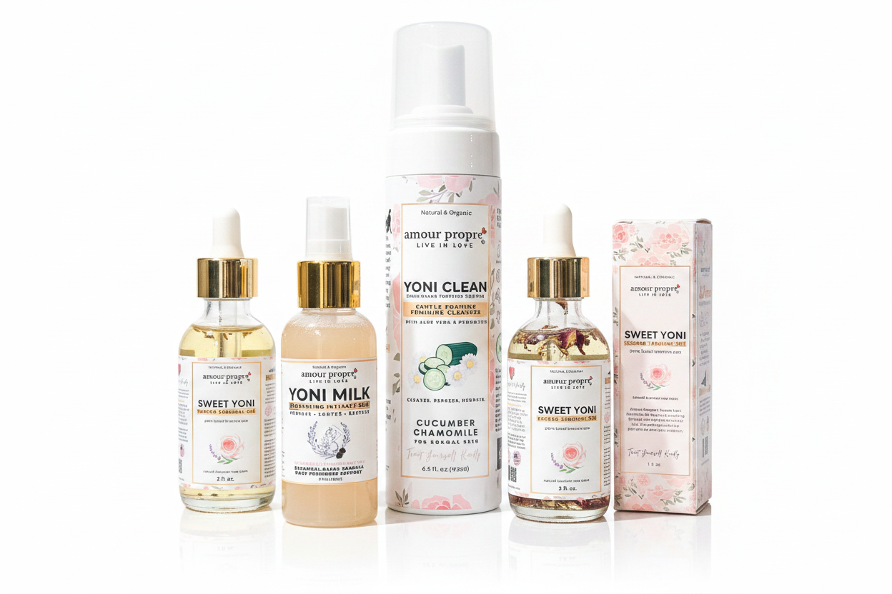 Collection of natural products including bottles and a box on a wooden surface with a neutral background.