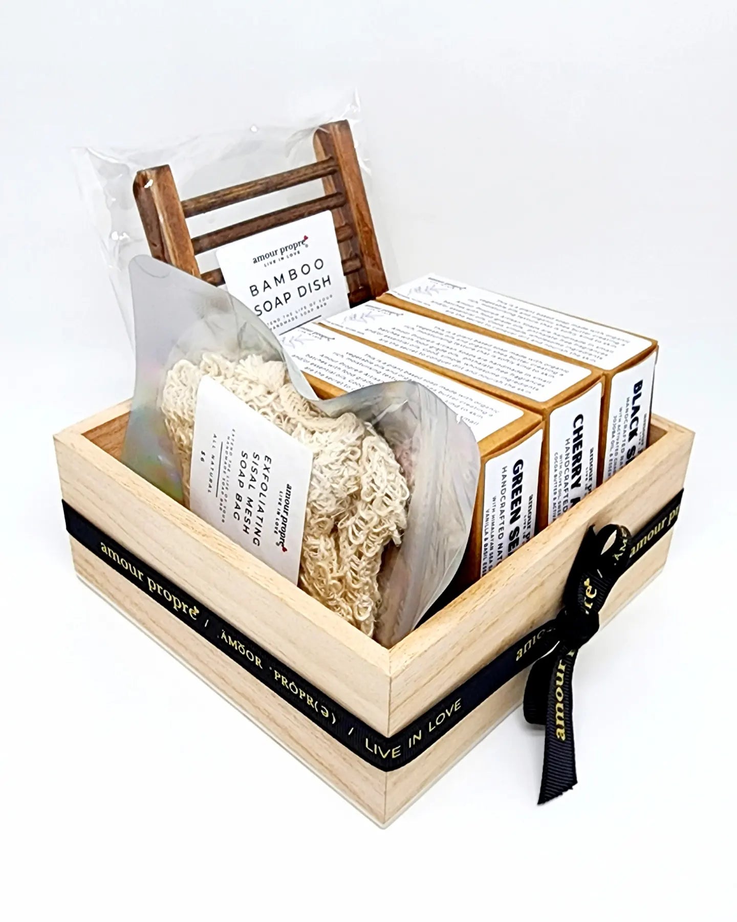 Soap Gift Box: 3 Bar Soap Bundle with Bamboo Soap Saver and Exfoliating Scrubber